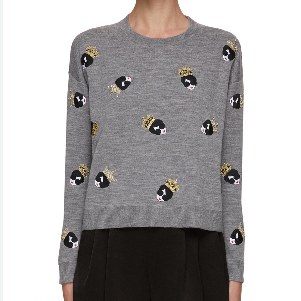 Alice + Olivia Stace Face Gray Graphic Sweater